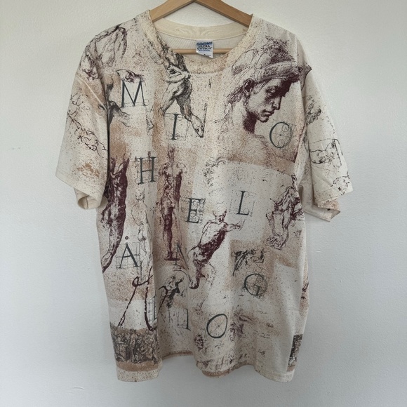 Vintage Michelangelo Renaissance Art Statue David All Over Print T-Shirt Mens XL